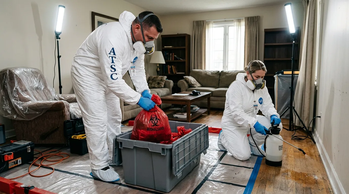 Professional Biohazard Cleanup technician in full PPE working in Dobbs Ferry